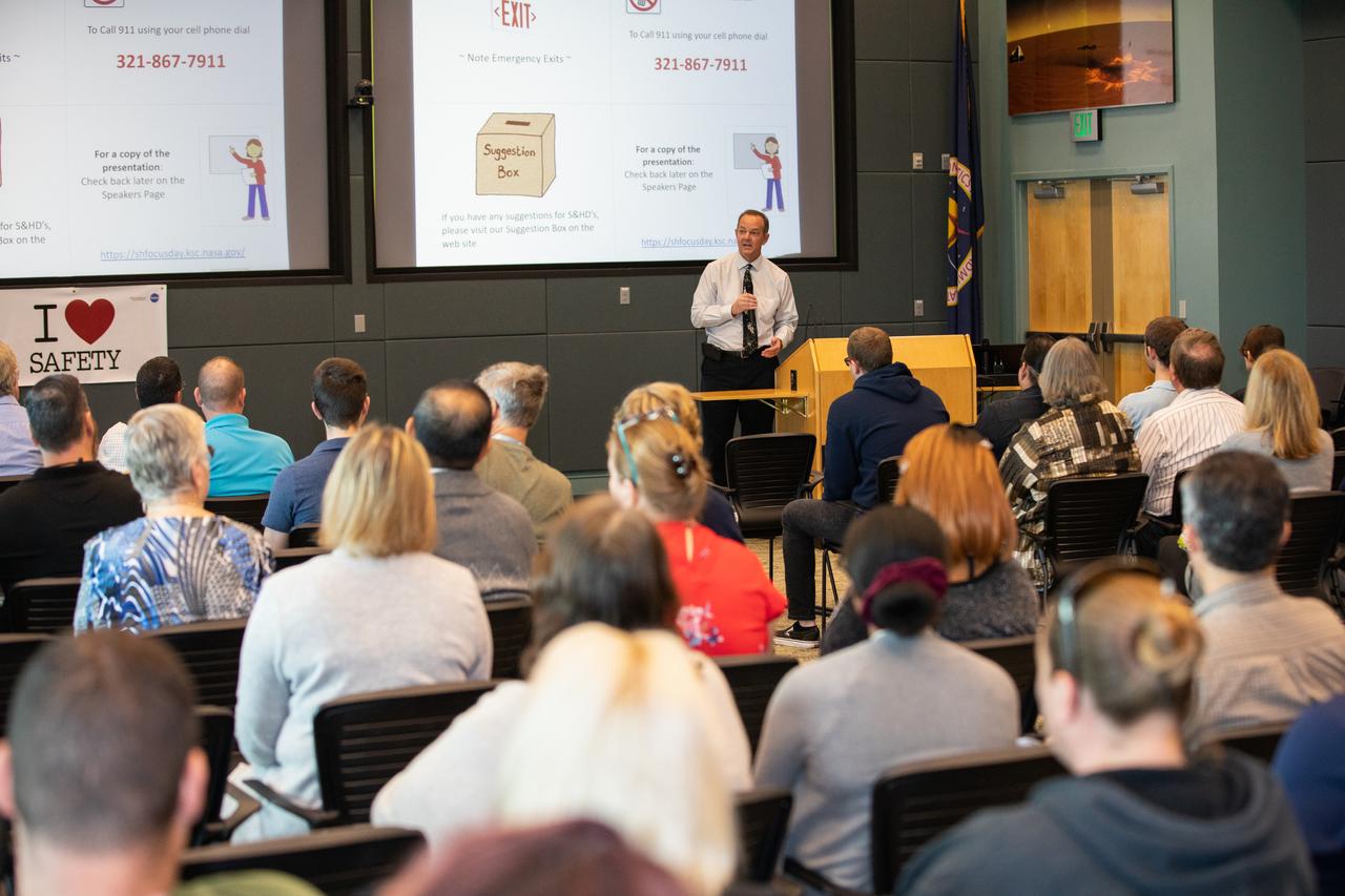 Tom Engler, director of Center Planning and Development at NASA’s Kennedy Space Center in Florida, addresses Kennedy employees inside the Operations Support Building II on March 3, 2020, during the center’s annual Safety and Health Days. Taking place March 2 through March 6, Safety and Health Days provides Kennedy employees with a variety of presentations to attend – all of which focus on how to maintain a safe and healthy workforce.