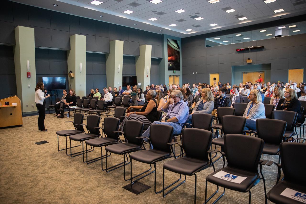 Eliz Greene, one of the guest speakers during Kennedy Space Center’s annual Safety and Health Days, addresses Kennedy employees inside the Florida spaceport’s Operations Support Building II on March 3, 2020. Taking place March 2 through March 6, Safety and Health Days provides Kennedy employees with a variety of presentations to attend – all of which focus on how to maintain a safe and healthy workforce. Greene’s presentation included information on reducing stress and improving focus.