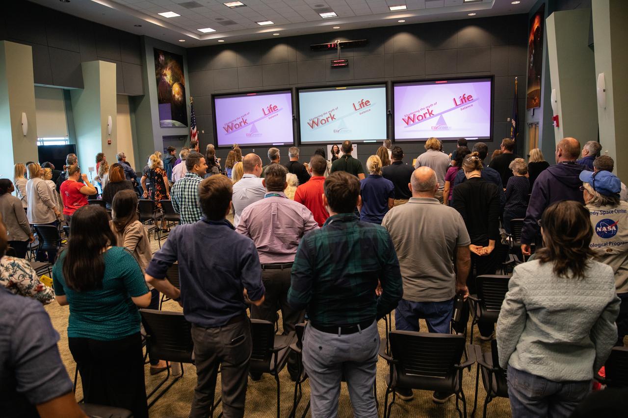 Kennedy Space Center employees attend a presentation on reducing stress and improving focus inside the Florida spaceport’s Operations Support Building II on March 3, 2020. The presentation, led by guest speaker Eliz Greene, was offered during the center’s annual Safety and Health Days, which took place March 2 through March 6. Throughout the week, Kennedy employees had the opportunity to attend a variety of presentations – all of which focused on how to maintain a safe and healthy workforce.
