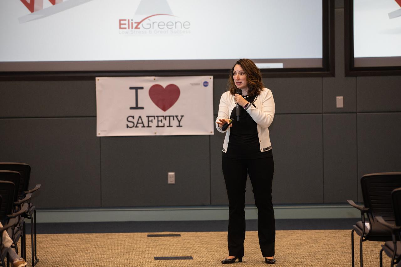 Eliz Greene, one of the guest speakers during Kennedy Space Center’s annual Safety and Health Days, presents information on reducing stress and improving focus inside the Florida spaceport’s Operations Support Building II on March 3, 2020. Taking place March 2 through March 6, Safety and Health Days provides Kennedy employees with a variety of presentations to attend – all of which focus on how to maintain a safe and healthy workforce.