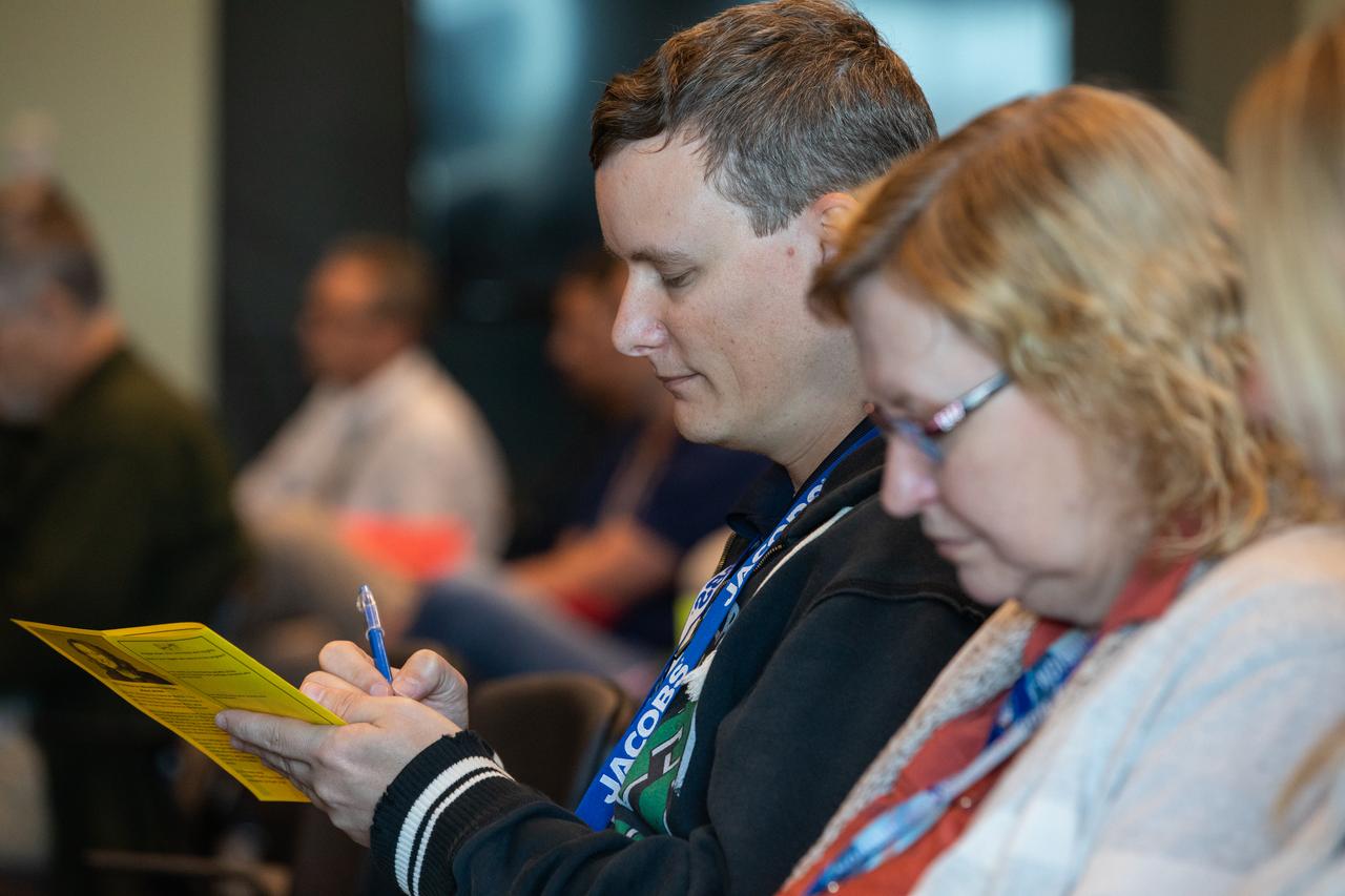 Kennedy Space Center employees attend a presentation on reducing stress and improving focus inside the Florida spaceport’s Operations Support Building II on March 3, 2020. The presentation, led by guest speaker Eliz Greene, was offered during the center’s annual Safety and Health Days, which took place March 2 through March 6. Throughout the week, Kennedy employees had the opportunity to attend a variety of presentations – all of which focused on how to maintain a safe and healthy workforce.