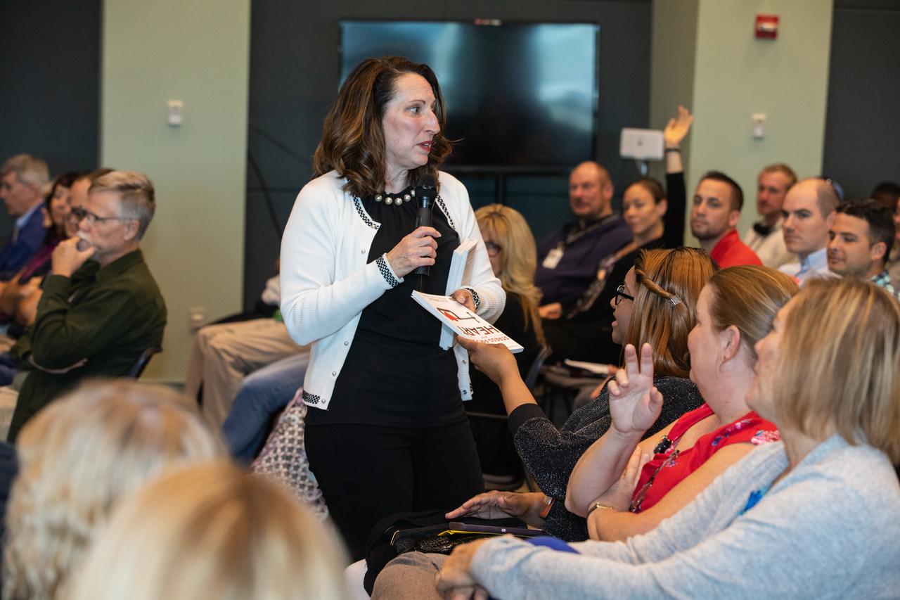 Eliz Greene, one of the guest speakers during Kennedy Space Center’s annual Safety and Health Days, addresses Kennedy employees inside the Florida spaceport’s Operations Support Building II on March 3, 2020. Taking place March 2 through March 6, Safety and Health Days provides Kennedy employees with a variety of presentations to attend – all of which focus on how to maintain a safe and healthy workforce. Greene’s presentation included information on reducing stress and improving focus.