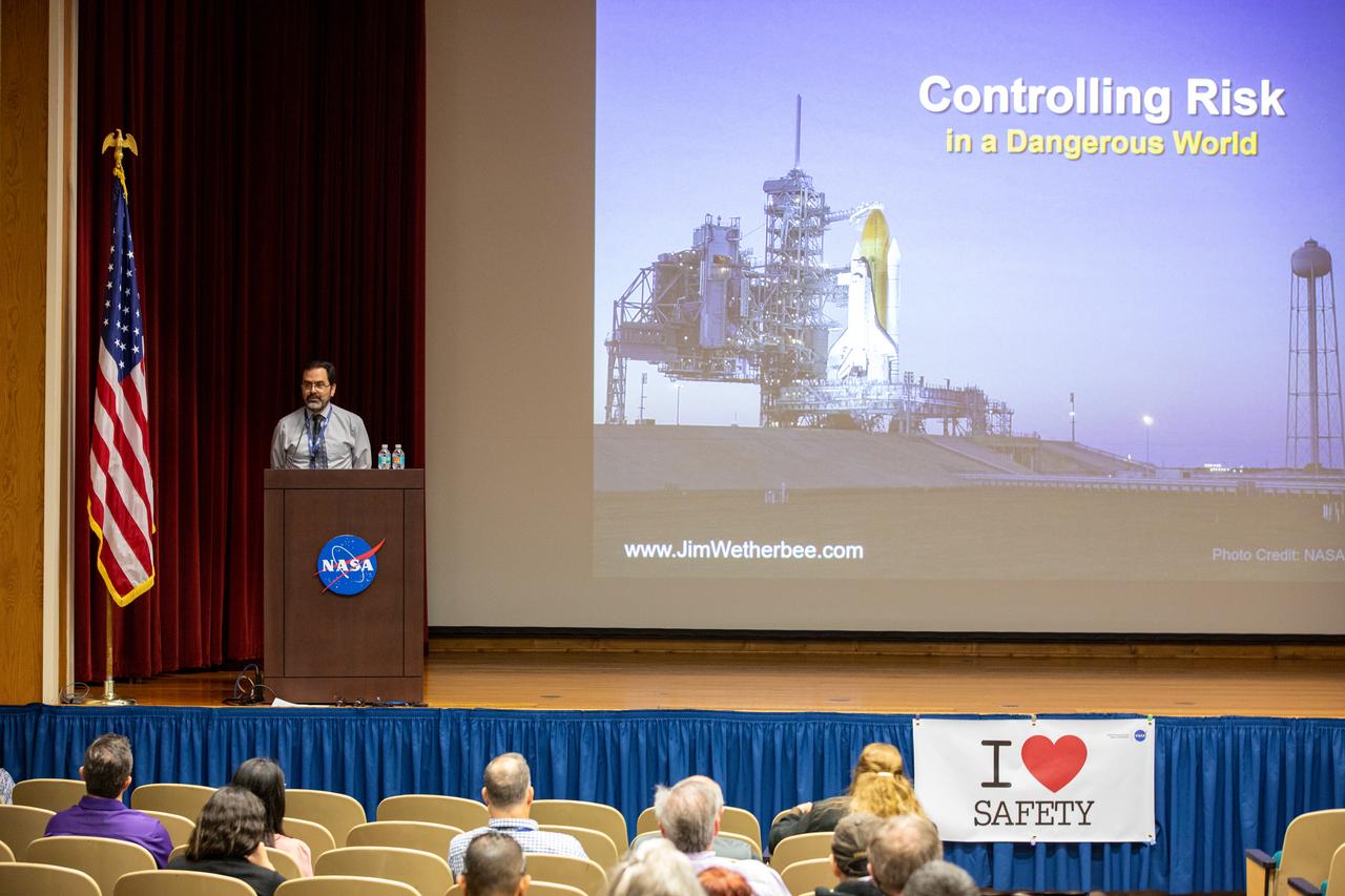 Ronnie Rodriguez, deputy director of Safety and Mission Assurance at NASA’s Kennedy Space Center in Florida, introduces guest speaker Jim Wetherbee inside the Training Auditorium on March 4, 2020, during the center’s annual Safety and Health Days. Taking place March 2 through March 6, Safety and Health Days provides Kennedy employees with a variety of presentations to attend – all of which focus on how to maintain a safe and healthy workforce. Wetherbee’s presentation included information on techniques and principles that can help optimize performance in high-risk businesses.
