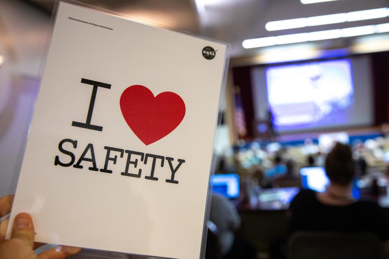 NASA Kennedy Space Center’s Safety and Mission Assurance “I Love Safety” poster is photographed inside the Training Auditorium on March 4, 2020, at a presentation offered during the center’s annual Safety and Health Days. Taking place March 2 through March 6, Safety and Health Days provides Kennedy employees with a variety of presentations to attend – all of which focus on how to maintain a safe and healthy workforce.