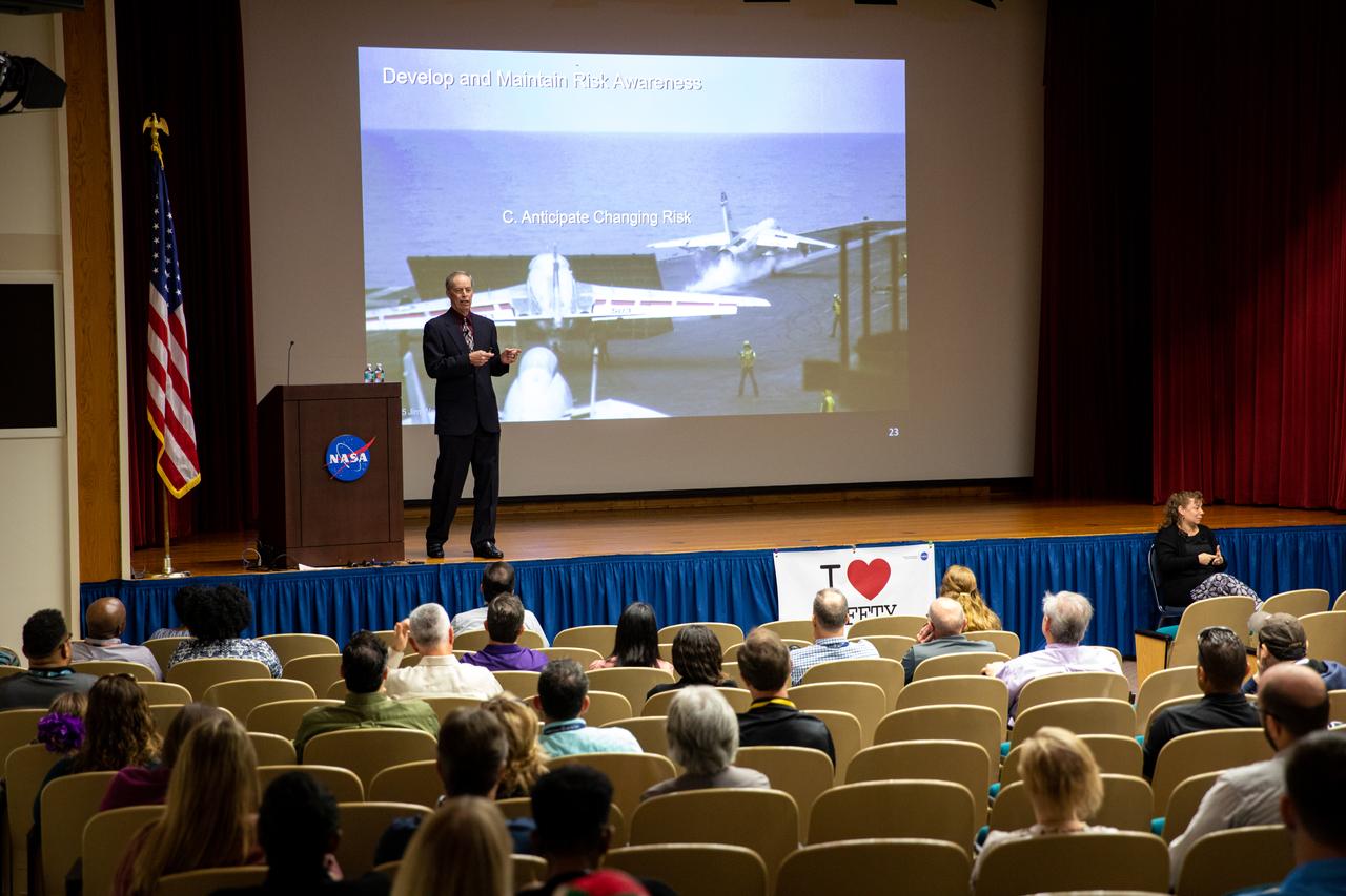 Jim Wetherbee, a retired U.S. Navy captain and former NASA astronaut, speaks to Kennedy Space Center employees inside the Florida spaceport’s Training Auditorium on March 4, 2020, during the center’s annual Safety and Health Days. Taking place March 2 through March 6, Safety and Health Days provides Kennedy employees with a variety of presentations to attend – all of which focus on how to maintain a safe and healthy workforce. Wetherbee’s presentation included information on techniques and principles that can help optimize performance in high-risk businesses.
