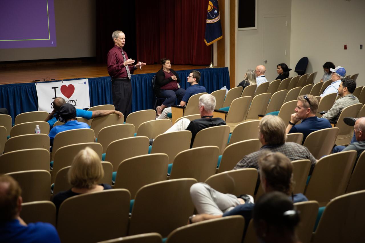 Jim Wetherbee, a retired U.S. Navy captain and former NASA astronaut, speaks to Kennedy Space Center employees inside the Florida spaceport’s Training Auditorium on March 4, 2020, during the center’s annual Safety and Health Days. Taking place March 2 through March 6, Safety and Health Days provides Kennedy employees with a variety of presentations to attend – all of which focus on how to maintain a safe and healthy workforce. Wetherbee’s presentation included information on adverse conditions existing in various organizations prior to those organizations experiencing disasters or accidents.
