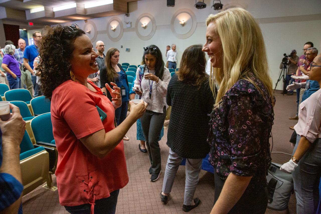 Carly Paige, right, an integrative nutrition health coach and chef, converses with a Kennedy Space Center employee inside the Training Auditorium on March 5, 2020, following a presentation she gave during the center’s annual Safety and Health Days. Taking place March 2 through March 6, Safety and Health Days provides Kennedy employees with a variety of presentations to attend – all of which focus on how to maintain a safe and healthy workforce. Paige’s presentation included information on simple swaps that can be made to incorporate healthier habits on a daily basis.