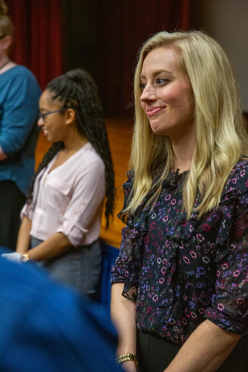 Carly Paige, right, an integrative nutrition health coach and chef, speaks with Kennedy Space Center employees inside the Training Auditorium on March 5, 2020, following a presentation she gave during the center’s annual Safety and Health Days. Taking place March 2 through March 6, Safety and Health Days provides Kennedy employees with a variety of presentations to attend – all of which focus on how to maintain a safe and healthy workforce. Paige’s presentation included information on simple swaps that can be made to incorporate healthier habits on a daily basis.