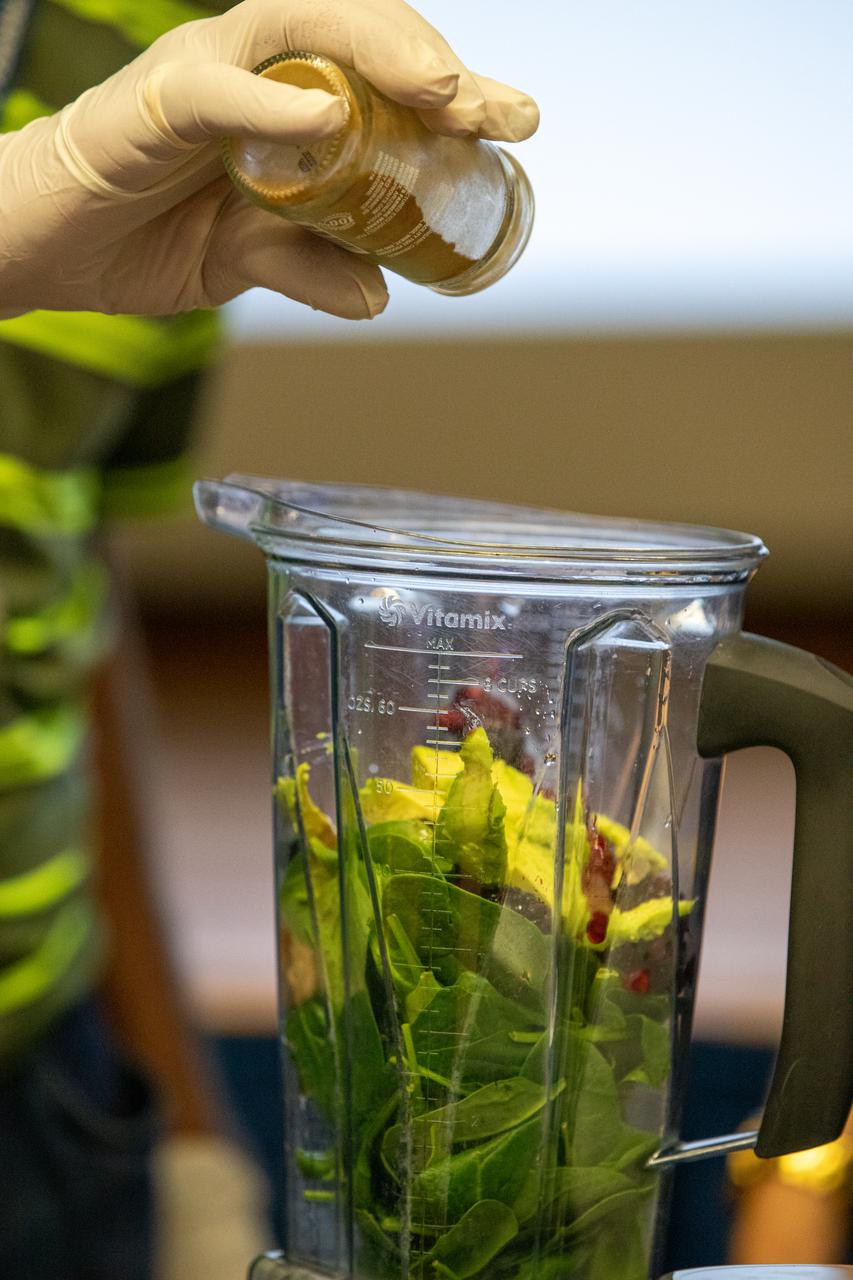 A Kennedy Space Center employee, following instructions from guest speaker Carly Paige, an integrative nutrition health coach and chef, demonstrates how to make a smoothie inside the Florida spaceport’s Training Auditorium on March 5, 2020. The demonstration was part of a presentation given by Paige during the center’s annual Safety and Health Days, which took place March 2 through March 6. Throughout the week, Kennedy employees had the opportunity to attend a variety of presentations – all of which focused on how to maintain a safe and healthy workforce. Paige’s presentation included information on simple swaps that can be made to incorporate healthier habits on a daily basis.