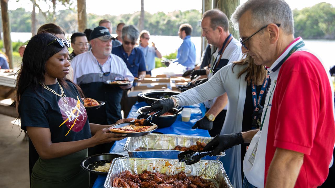 Managers at NASA’s Kennedy Space Center in Florida serve food to Kennedy employees during a Safety and Health Days celebration on March 5, 2020. Taking place March 2 through March 6, Safety and Health Days provides Kennedy employees with a variety of presentations to attend – all of which focus on how to maintain a safe and healthy workforce. The celebration on March 5 took place at the spaceport’s KARS Park II and was open for all employees to attend.