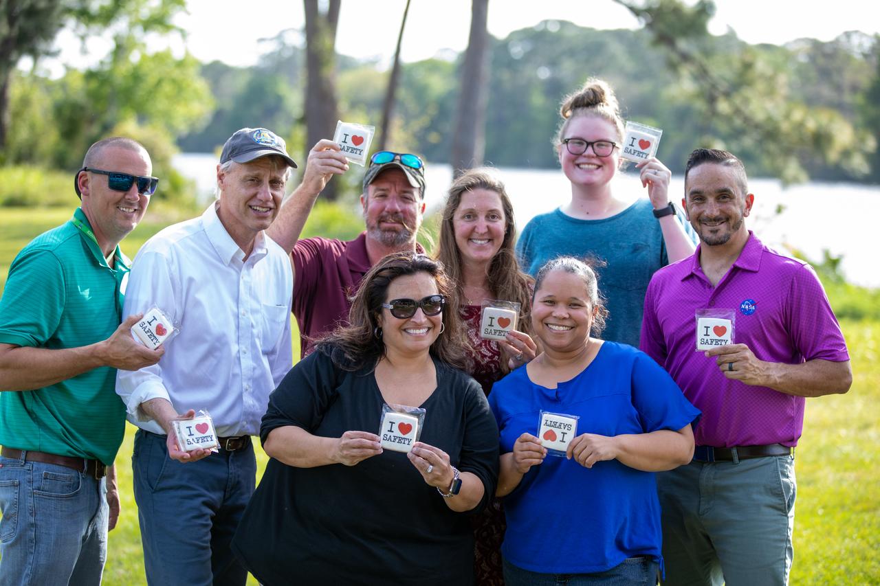 NASA Kennedy Space Center employees are photographed during a Safety and Health Days celebration at the Florida spaceport’s KARS Park II on March 5, 2020. Front row from left are Michele Richtmeyer and Heidi Harden, and back row from left are Phil Falk, Chris Berg, Marcus Chancery, Amber Philman-Blair, Larrin Moody and Dustin Cammack. Taking place March 2 through March 6, Safety and Health Days provides Kennedy employees with a variety of presentations to attend – all of which focus on how to maintain a safe and healthy workforce. The celebration on March 5 took place at the spaceport’s KARS Park II and was open for all employees to attend.