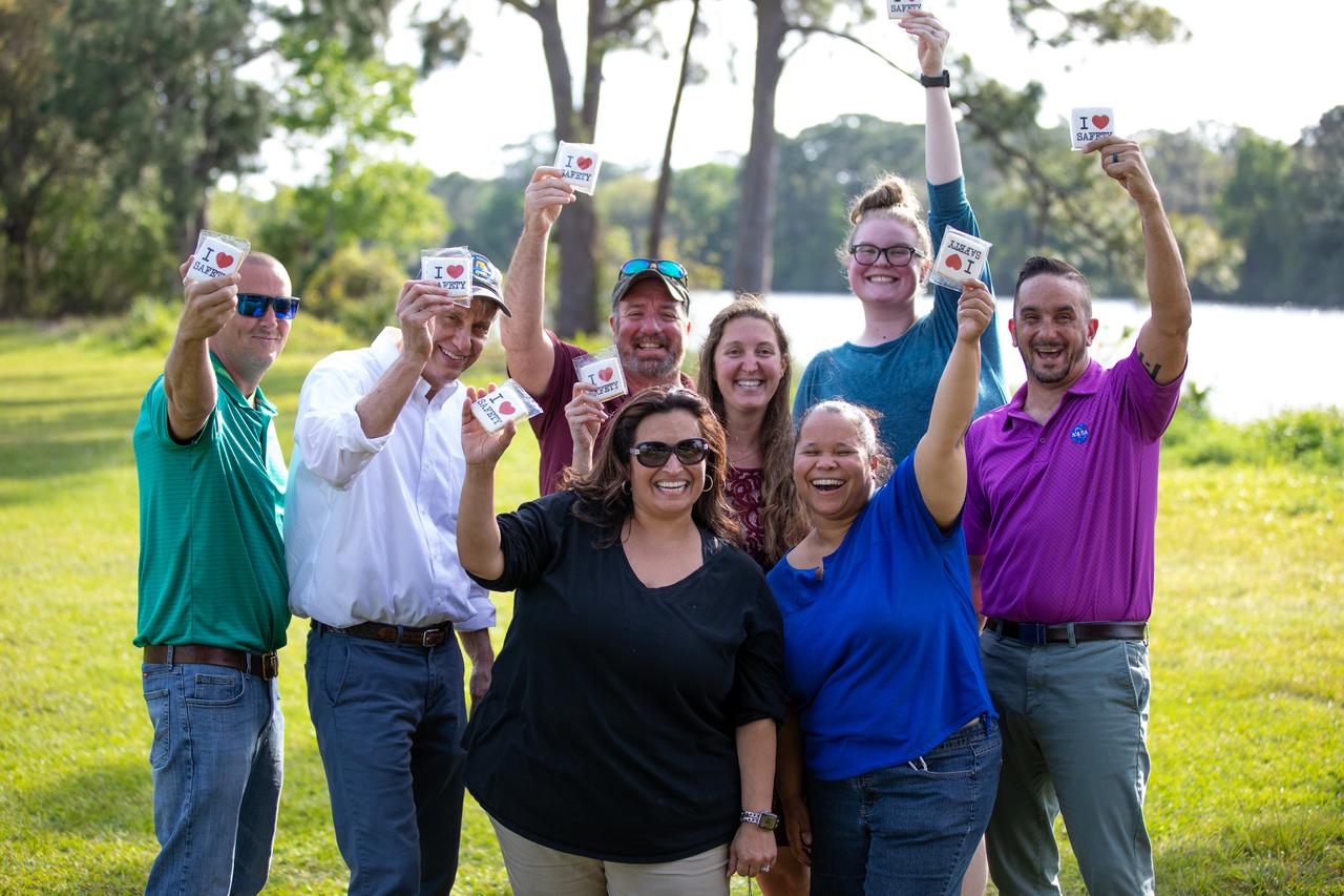 NASA Kennedy Space Center employees are photographed during a Safety and Health Days celebration at the Florida spaceport’s KARS Park II on March 5, 2020. Front row from left are Michele Richtmeyer and Heidi Harden, and back row from left are Phil Falk, Chris Berg, Marcus Chancery, Amber Philman-Blair, Larrin Moody and Dustin Cammack. Taking place March 2 through March 6, Safety and Health Days provides Kennedy employees with a variety of presentations to attend – all of which focus on how to maintain a safe and healthy workforce. The celebration on March 5 took place at the spaceport’s KARS Park II and was open for all employees to attend.