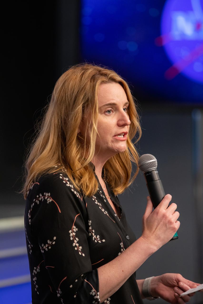 Jennifer Buchli, deputy chief scientist for NASA’s International Space Station Program Science Office, addresses NASA Social participants during a What’s on Board science briefing at the agency’s Kennedy Space Center in Florida on March 5, 2020. The briefing provided a closer look at some of the payloads launching on SpaceX’s 20th Commercial Resupply Services (CRS-20) mission to the International Space Station. The company’s Falcon 9 rocket is scheduled to lift off from Cape Canaveral Air Force Station’s Space Launch Complex 40 at 11:50 p.m. EST on March 6, 2020.