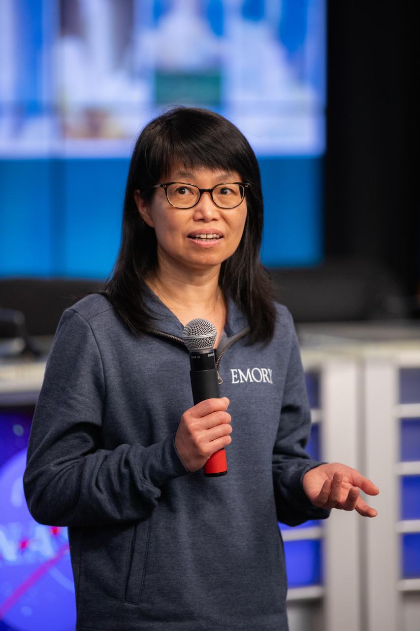 Chunhui Xu, associate professor at Emory University School of Medicine and principal investigator for the Generation of Cardiomyocytes from Induced Pluripotent Stem Cells experiment, addresses NASA Social participants during a What’s on Board science briefing at the agency’s Kennedy Space Center in Florida on March 5, 2020. The briefing provided a closer look at some of the payloads launching on SpaceX’s 20th Commercial Resupply Services (CRS-20) mission to the International Space Station. The company’s Falcon 9 rocket is scheduled to lift off from Cape Canaveral Air Force Station’s Space Launch Complex 40 at 11:50 p.m. EST on March 6, 2020.