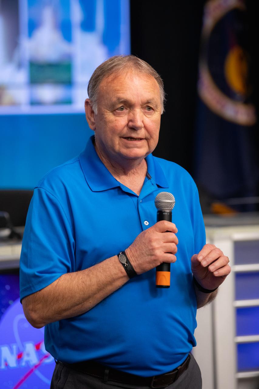 Paul Patton, senior manager, front end innovation and regulatory for Delta Faucet, addresses NASA Social participants during a What’s on Board science briefing at the agency’s Kennedy Space Center in Florida on March 5, 2020. The briefing provided a closer look at some of the payloads launching on SpaceX’s 20th Commercial Resupply Services (CRS-20) mission to the International Space Station. The company’s Falcon 9 rocket is scheduled to lift off from Cape Canaveral Air Force Station’s Space Launch Complex 40 at 11:50 p.m. EST on March 6, 2020.