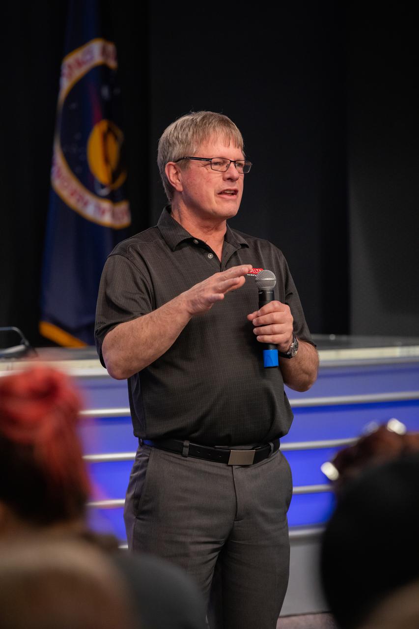 Garry Marty, principal product engineer for Delta Faucet, addresses NASA Social participants during a What’s on Board science briefing at the agency’s Kennedy Space Center in Florida on March 5, 2020. The briefing provided a closer look at some of the payloads launching on SpaceX’s 20th Commercial Resupply Services (CRS-20) mission to the International Space Station. The company’s Falcon 9 rocket is scheduled to lift off from Cape Canaveral Air Force Station’s Space Launch Complex 40 at 11:50 p.m. EST on March 6, 2020.