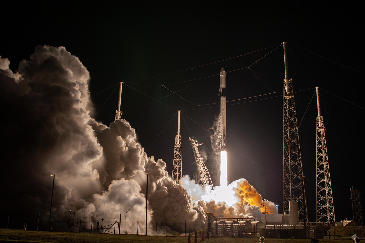 A SpaceX Falcon 9 rocket lifts off from Space Launch Complex 40 at Cape Canaveral Air Force Station in Florida at 11:50 p.m. EST on March 6, 2020, carrying the uncrewed cargo Dragon spacecraft on its journey to the International Space Station for NASA and SpaceX’s 20th Commercial Resupply Services (CRS-20) mission. Dragon will deliver more than 4,300 pounds of science investigations and cargo to the orbiting laboratory. 