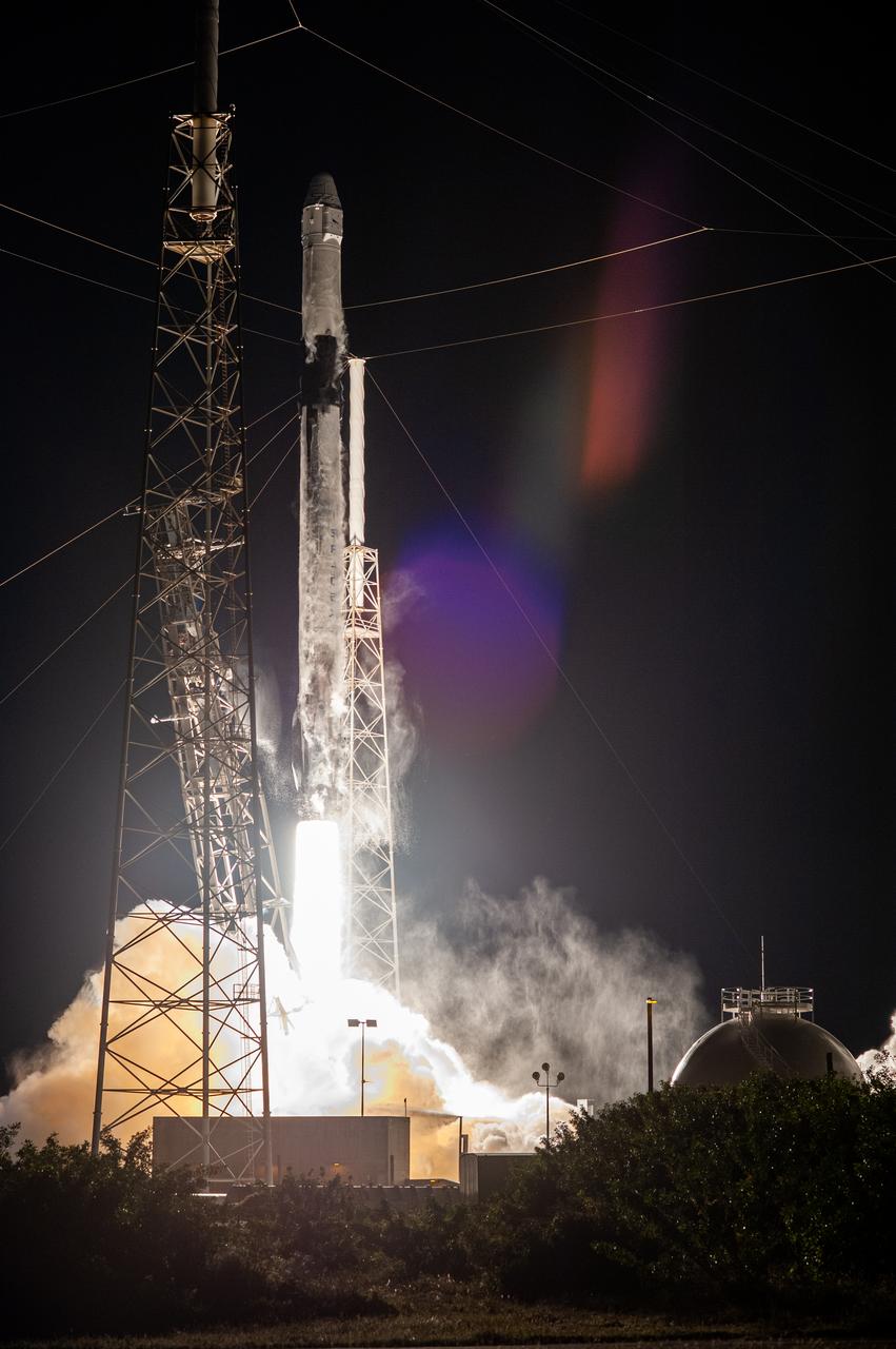 A SpaceX Falcon 9 rocket lifts off from Space Launch Complex 40 at Cape Canaveral Air Force Station in Florida at 11:50 p.m. EST on March 6, 2020, carrying the uncrewed cargo Dragon spacecraft on its journey to the International Space Station for NASA and SpaceX’s 20th Commercial Resupply Services (CRS-20) mission. Dragon will deliver more than 4,300 pounds of science investigations and cargo to the orbiting laboratory. 