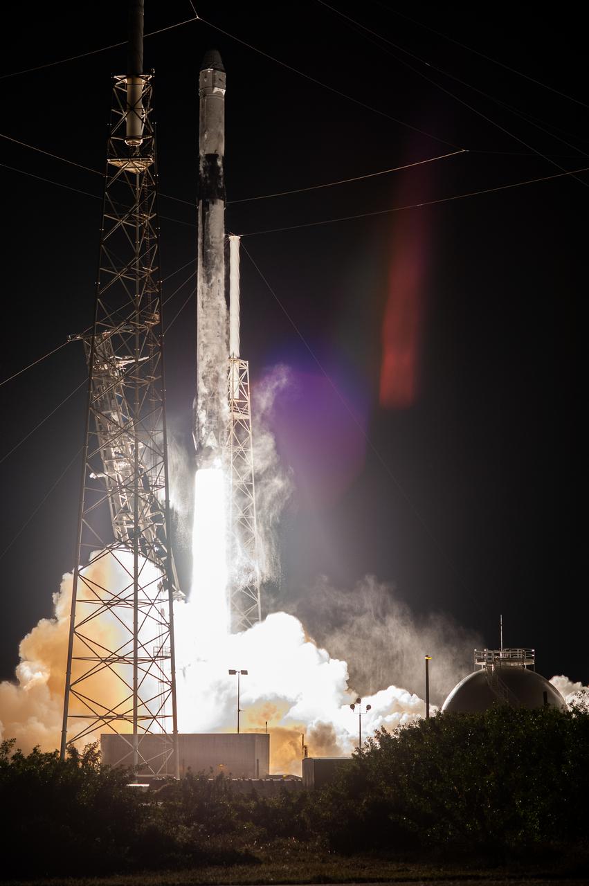 A SpaceX Falcon 9 rocket lifts off from Space Launch Complex 40 at Cape Canaveral Air Force Station in Florida at 11:50 p.m. EST on March 6, 2020, carrying the uncrewed cargo Dragon spacecraft on its journey to the International Space Station for NASA and SpaceX’s 20th Commercial Resupply Services (CRS-20) mission. Dragon will deliver more than 4,300 pounds of science investigations and cargo to the orbiting laboratory. 