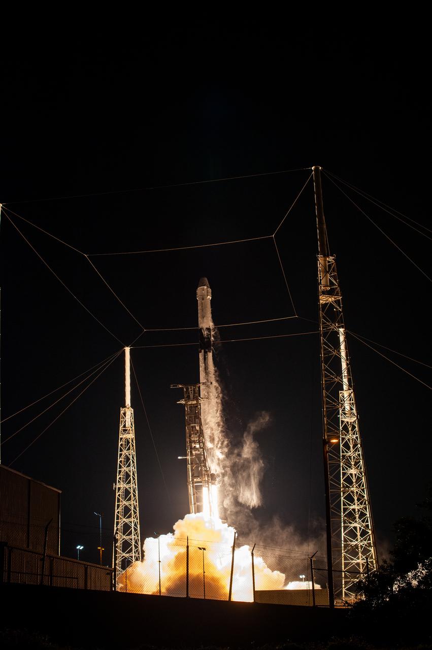 A SpaceX Falcon 9 rocket, with the uncrewed cargo Dragon spacecraft atop, lifts off from Space Launch Complex 40 at Cape Canaveral Air Force Station in Florida at 11:50 p.m. EST on March 6, 2020, for NASA and SpaceX’s 20th Commercial Resupply Services (CRS-20) mission to the International Space Station. The Dragon spacecraft will deliver more than 4,300 pounds of science investigations and cargo to the orbiting laboratory.