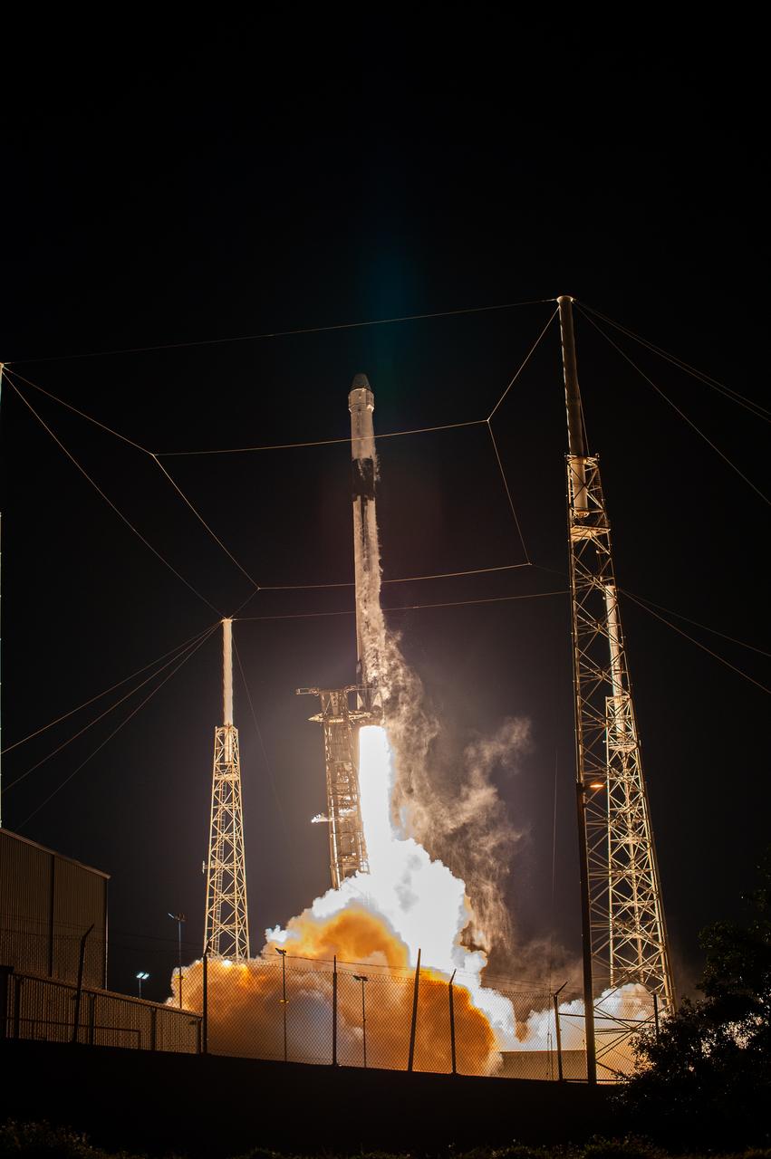 A SpaceX Falcon 9 rocket, with the uncrewed cargo Dragon spacecraft atop, lifts off from Space Launch Complex 40 at Cape Canaveral Air Force Station in Florida at 11:50 p.m. EST on March 6, 2020, for NASA and SpaceX’s 20th Commercial Resupply Services (CRS-20) mission to the International Space Station. The Dragon spacecraft will deliver more than 4,300 pounds of science investigations and cargo to the orbiting laboratory. 