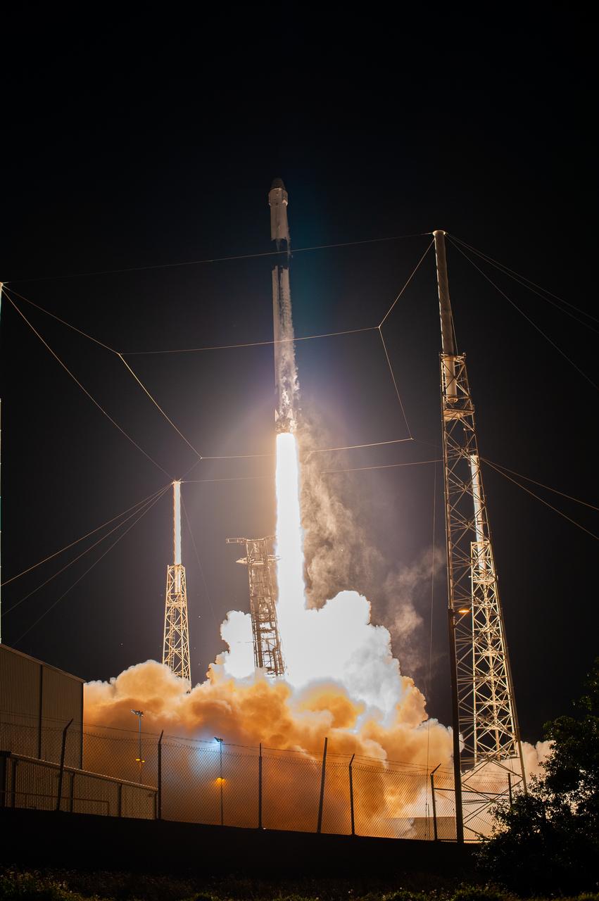A SpaceX Falcon 9 rocket, with the uncrewed cargo Dragon spacecraft atop, lifts off from Space Launch Complex 40 at Cape Canaveral Air Force Station in Florida at 11:50 p.m. EST on March 6, 2020, for NASA and SpaceX’s 20th Commercial Resupply Services (CRS-20) mission to the International Space Station. The Dragon spacecraft will deliver more than 4,300 pounds of science investigations and cargo to the orbiting laboratory. 