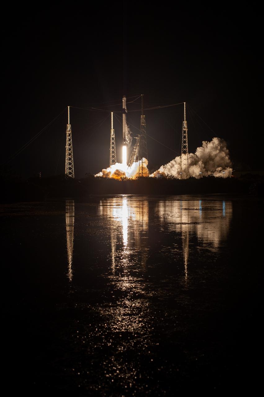 A SpaceX Falcon 9 rocket, with the uncrewed cargo Dragon spacecraft atop, lifts off from Space Launch Complex 40 at Cape Canaveral Air Force Station in Florida at 11:50 p.m. EST on March 6, 2020, for NASA and SpaceX’s 20th Commercial Resupply Services (CRS-20) mission to the International Space Station. The Dragon spacecraft will deliver more than 4,300 pounds of science investigations and cargo to the orbiting laboratory. 