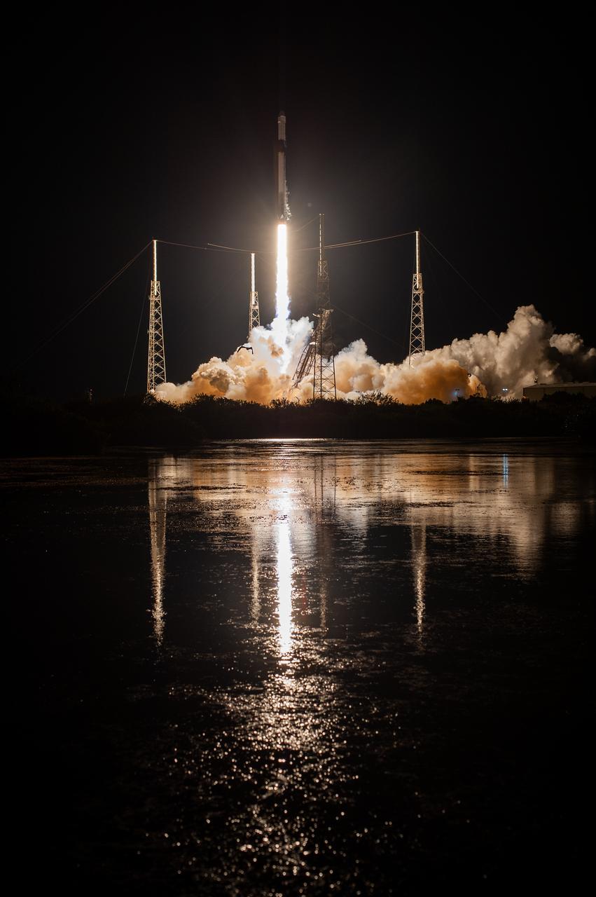 A SpaceX Falcon 9 rocket, with the uncrewed cargo Dragon spacecraft atop, lifts off from Space Launch Complex 40 at Cape Canaveral Air Force Station in Florida at 11:50 p.m. EST on March 6, 2020, for NASA and SpaceX’s 20th Commercial Resupply Services (CRS-20) mission to the International Space Station. The Dragon spacecraft will deliver more than 4,300 pounds of science investigations and cargo to the orbiting laboratory.
