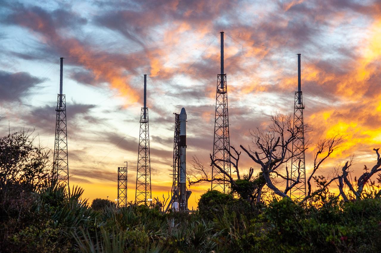 A SpaceX Falcon 9 rocket and cargo Dragon spacecraft stand ready for liftoff at Cape Canaveral Air Force Station’s Space Launch Complex 40 in Florida on March 6, 2020, for NASA and SpaceX’s 20th Commercial Resupply Services (CRS-20) mission to the International Space Station. Liftoff occurred at 11:50 p.m. EST. 