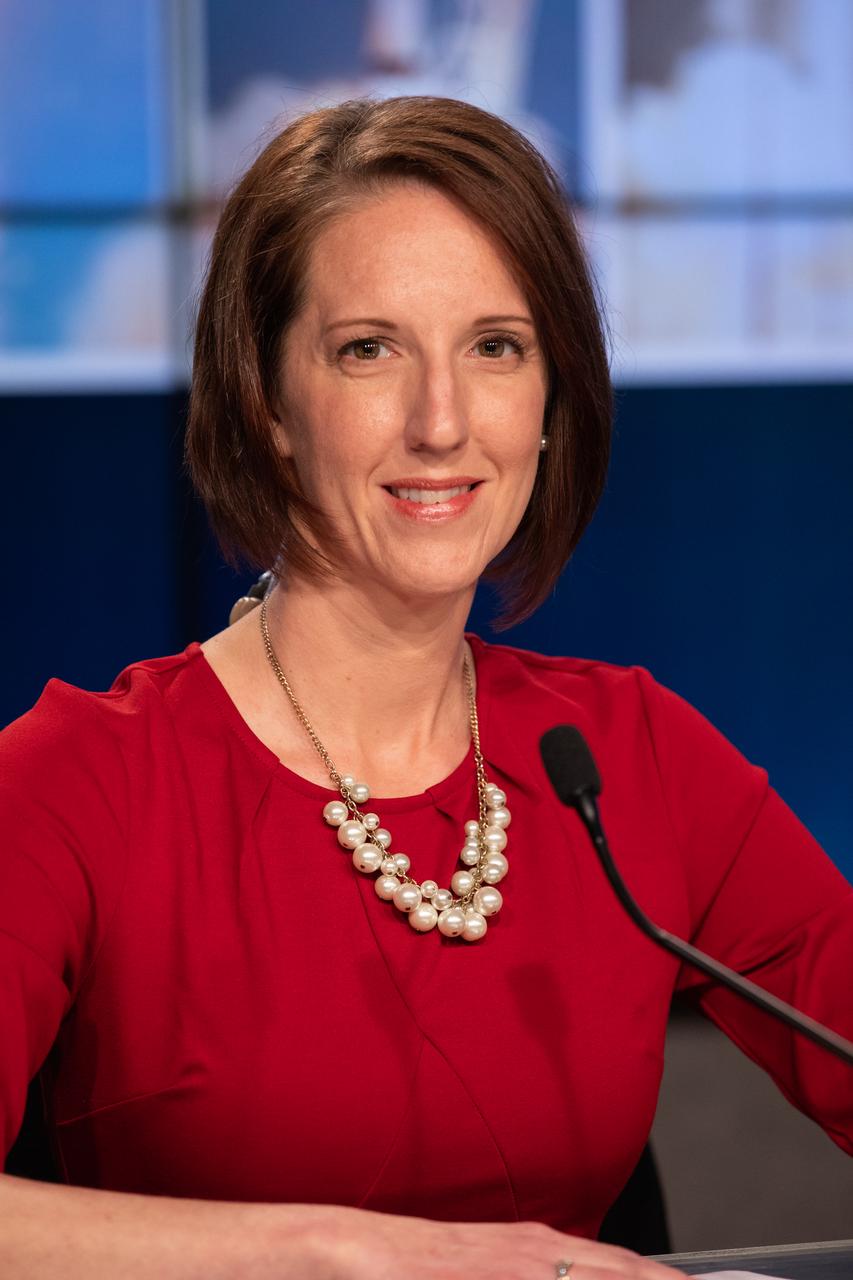 Heather Scott of NASA Communications moderates a prelaunch news conference for SpaceX’s 20th Commercial Resupply Services (CRS-20) mission to the International Space Station at the agency’s Kennedy Space Center in Florida on March 6, 2020. The company’s Falcon 9 rocket and cargo Dragon spacecraft are scheduled to lift off from Cape Canaveral Air Force Station’s Space Launch Complex 40 at 11:50 p.m. EST on March 6, 2020.