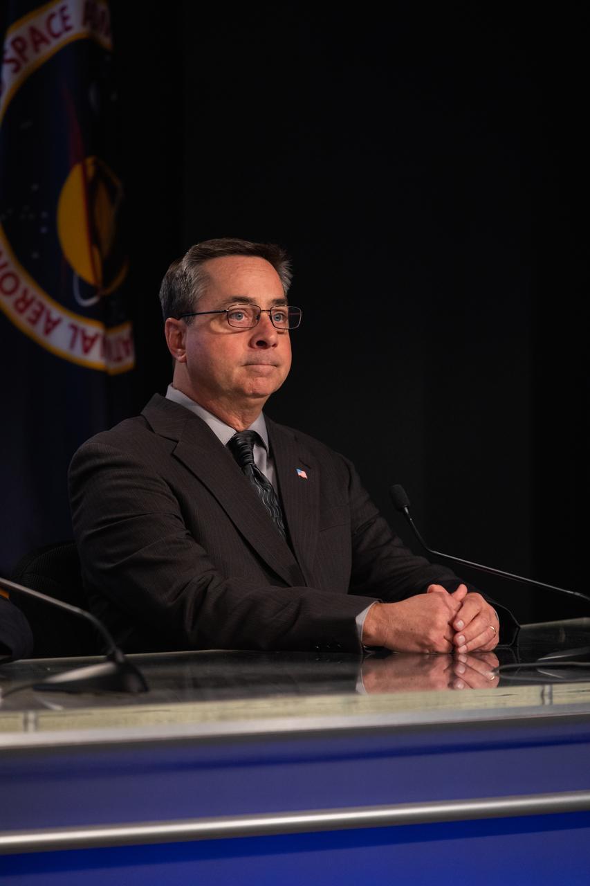 Mike McAleenan, launch weather officer with the U.S. Air Force 45th Space Wing, participates in a prelaunch news conference for SpaceX’s 20th Commercial Resupply Services (CRS-20) mission to the International Space Station at NASA’s Kennedy Space Center in Florida on March 6, 2020. The company’s Falcon 9 rocket and cargo Dragon spacecraft are scheduled to lift off from Cape Canaveral Air Force Station’s Space Launch Complex 40 at 11:50 p.m. EST on March 6, 2020.