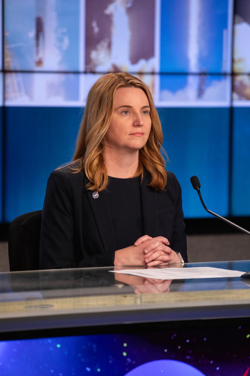 Jennifer Buchli, deputy chief scientist for NASA’s International Space Station Program, participates in a prelaunch news conference for SpaceX’s 20th Commercial Resupply Services (CRS-20) mission to the International Space Station at the agency’s Kennedy Space Center in Florida on March 6, 2020. The company’s Falcon 9 rocket and cargo Dragon spacecraft are scheduled to lift off from Cape Canaveral Air Force Station’s Space Launch Complex 40 at 11:50 p.m. EST on March 6, 2020.
