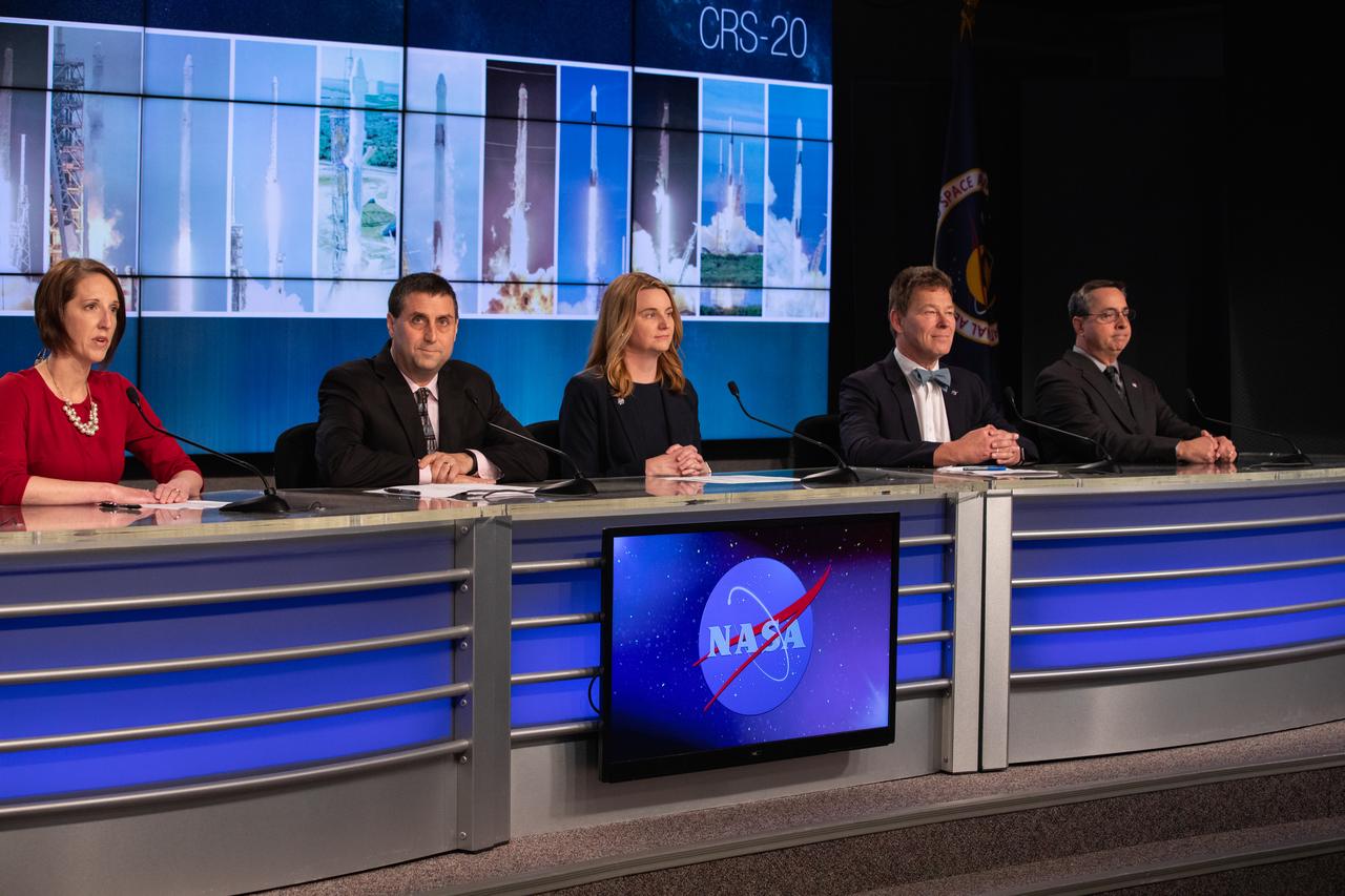A prelaunch news conference for SpaceX’s 20th Commercial Resupply Services (CRS-20) mission to the International Space Station is held at NASA’s Kennedy Space Center in Florida on March 6, 2020. From left are conference moderator Heather Scott of NASA Communications; Joel Montalbano, manager of the agency’s International Space Station Program; Jennifer Buchli, deputy chief scientist for the International Space Station Program; Hans Koenigsmann, vice president of Build and Flight Reliability at SpaceX; and Mike McAleenan, launch weather officer with the U.S. Air Force 45th Space Wing. SpaceX’s Falcon 9 rocket and cargo Dragon spacecraft are scheduled to lift off from Cape Canaveral Air Force Station’s Space Launch Complex 40 at 11:50 p.m. EST on March 6, 2020.