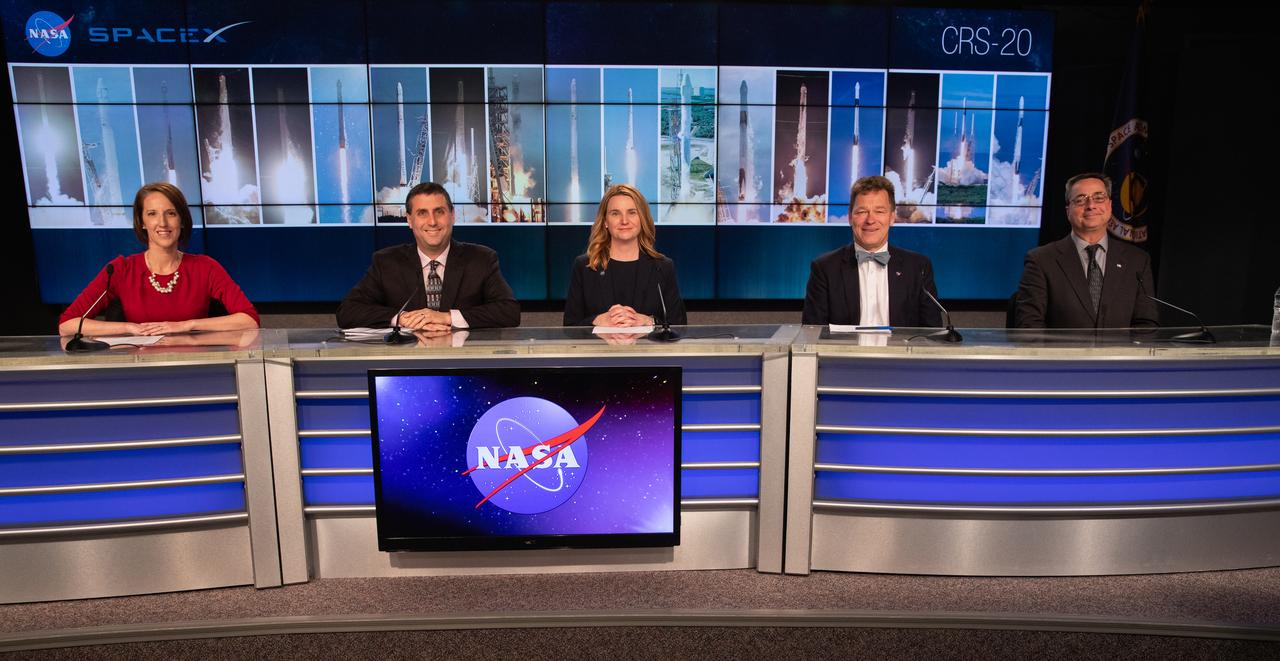 A prelaunch news conference for SpaceX’s 20th Commercial Resupply Services (CRS-20) mission to the International Space Station is held at NASA’s Kennedy Space Center in Florida on March 6, 2020. From left are conference moderator Heather Scott of NASA Communications; Joel Montalbano, manager of the agency’s International Space Station Program; Jennifer Buchli, deputy chief scientist for the International Space Station Program; Hans Koenigsmann, vice president of Build and Flight Reliability at SpaceX; and Mike McAleenan, launch weather officer with the U.S. Air Force 45th Space Wing. SpaceX’s Falcon 9 rocket and cargo Dragon spacecraft are scheduled to lift off from Cape Canaveral Air Force Station’s Space Launch Complex 40 at 11:50 p.m. EST on March 6, 2020.