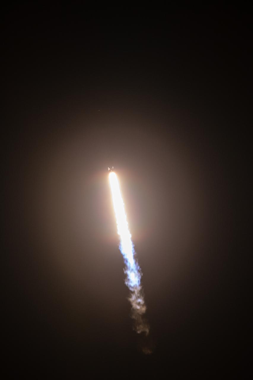 A SpaceX Falcon 9 rocket climbs upward after lifting off from Space Launch Complex 40 at Cape Canaveral Air Force Station in Florida at 11:50 p.m. EST on March 6, 2020, for NASA and SpaceX’s 20th Commercial Resupply Services (CRS-20) mission. SpaceX’s uncrewed cargo Dragon spacecraft, carried atop the Falcon 9, will deliver more than 5,600 pounds of science investigations and cargo to the International Space Station. 