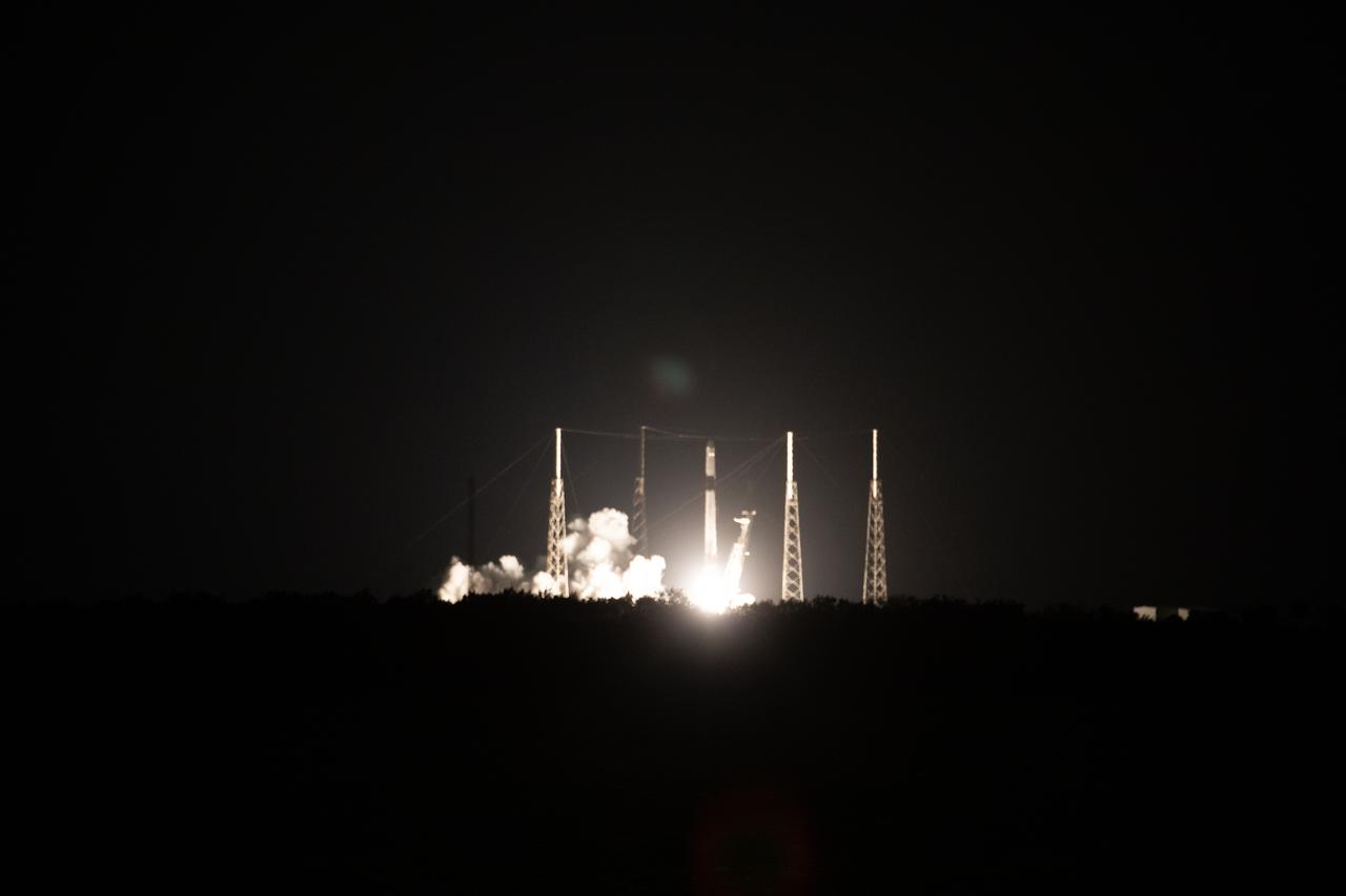 A SpaceX Falcon 9 rocket, with the uncrewed cargo Dragon spacecraft atop, lifts off from Space Launch Complex 40 at Cape Canaveral Air Force Station in Florida at 11:50 p.m. EST on March 6, 2020, for NASA and SpaceX’s 20th Commercial Resupply Services (CRS-20) mission to the International Space Station. The Dragon spacecraft will deliver more than 5,600 pounds of science investigations and cargo to the orbiting laboratory. 
