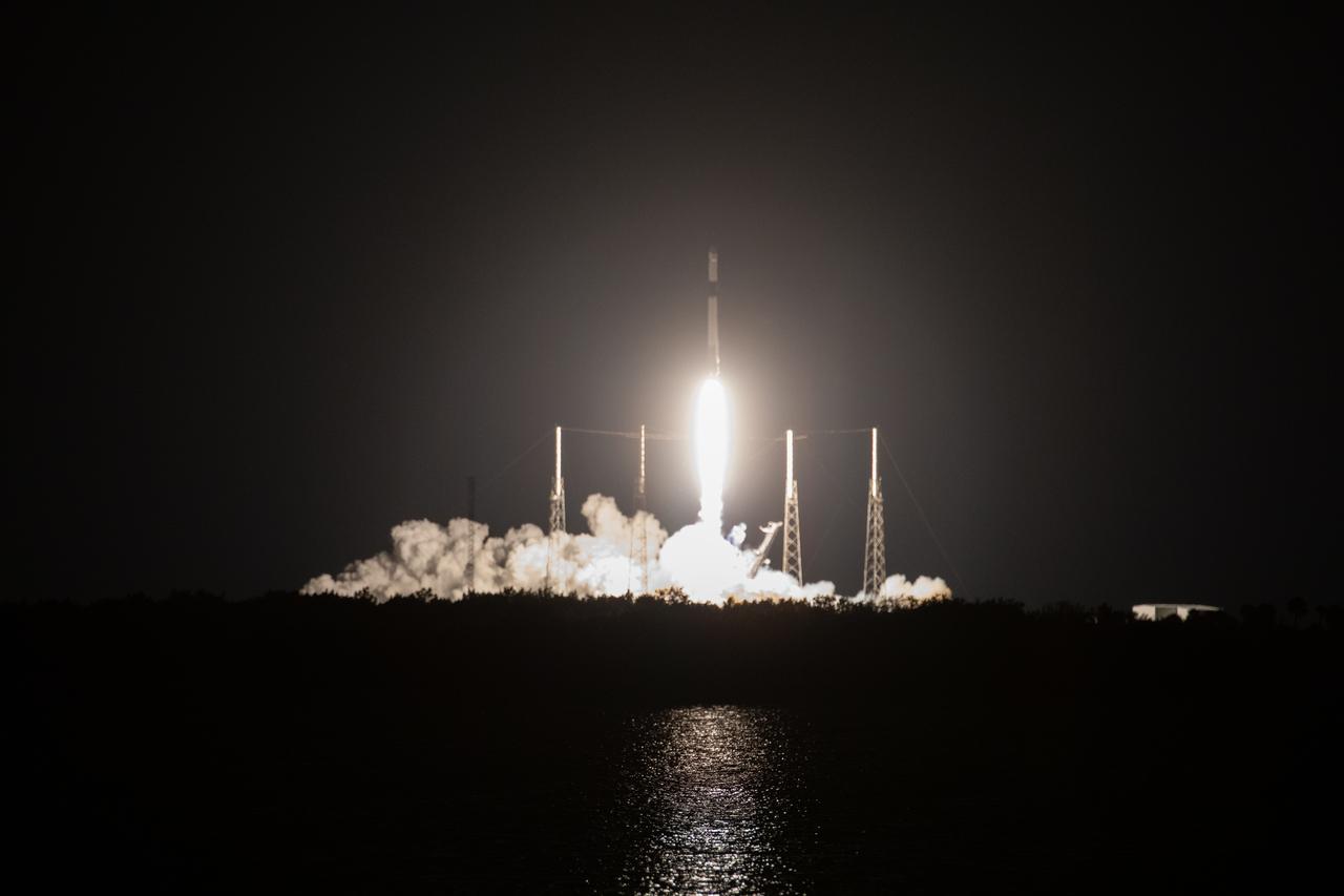A SpaceX Falcon 9 rocket, with the uncrewed cargo Dragon spacecraft atop, lifts off from Space Launch Complex 40 at Cape Canaveral Air Force Station in Florida at 11:50 p.m. EST on March 6, 2020, for NASA and SpaceX’s 20th Commercial Resupply Services (CRS-20) mission to the International Space Station. The Dragon spacecraft will deliver more than 5,600 pounds of science investigations and cargo to the orbiting laboratory. 