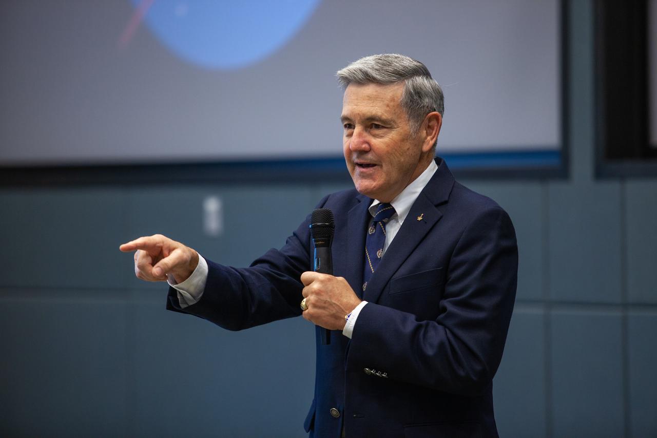 Kennedy Space Center Director Bob Cabana addresses the crowd during a special performance by the United States Naval Academy Glee Club at the Florida spaceport on March 10, 2020. As part of the celebration, Cabana discussed the deep historical ties between NASA and the U.S. Navy. The highly acclaimed Glee Club has achieved prominence as one of America’s premier choral ensembles, performing throughout the nation each year.