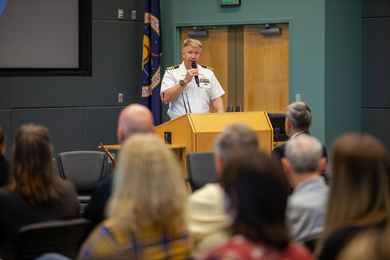 Captain Ben Shupp, commanding officer, Naval Ordnance Test Unit, addresses the crowd during a special performance by the United States Naval Academy Glee Club at the Florida spaceport on March 10, 2020. As part of the celebration, Kennedy Director Bob Cabana discussed the deep historical ties between NASA and the U.S. Navy. The highly acclaimed Glee Club has achieved prominence as one of America’s premier choral ensembles, performing throughout the nation each year.
