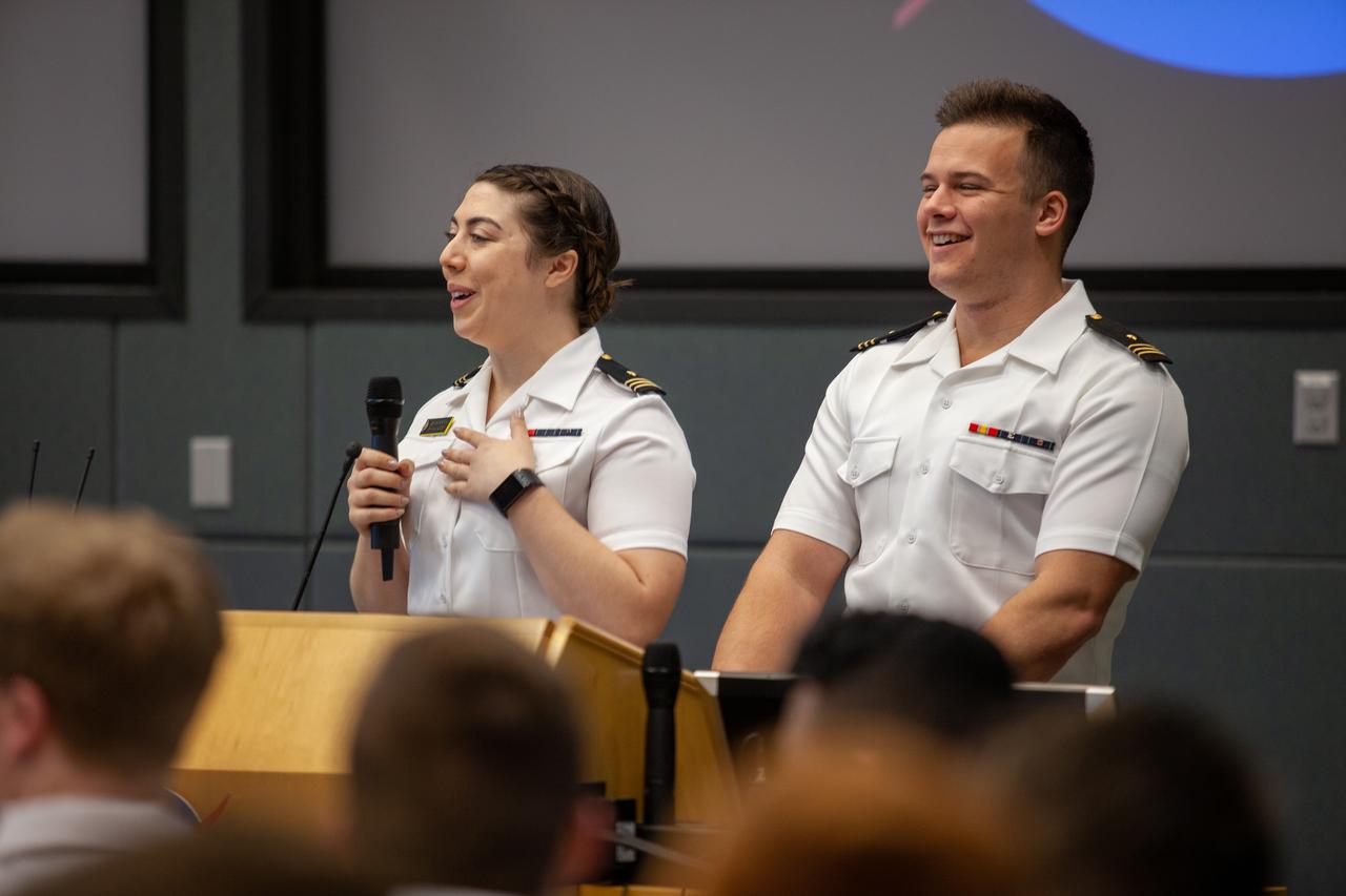 Members of the United States Naval Academy Glee Club address the crowd during a special performance for Kennedy Space Center employees at the Florida spaceport on March 10, 2020. As part of the celebration, Kennedy Director Bob Cabana discussed the deep historical ties between NASA and the U.S. Navy. The highly acclaimed Glee Club has achieved prominence as one of America’s premier choral ensembles, performing throughout the nation each year.
