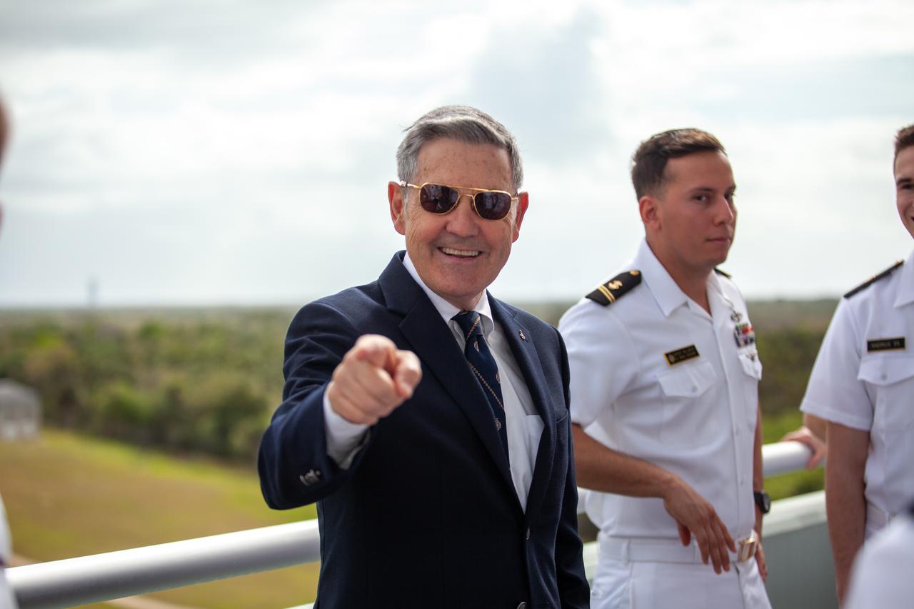 Kennedy Space Center Director Bob Cabana stands with members of the United States Naval Academy Glee Club at the Florida spaceport on March 10, 2020. The highly acclaimed Glee Club, which performed for Kennedy employees, has achieved prominence as one of America’s premier choral ensembles. As part of the special celebration, Cabana also discussed the deep historical ties between NASA and the U.S. Navy.