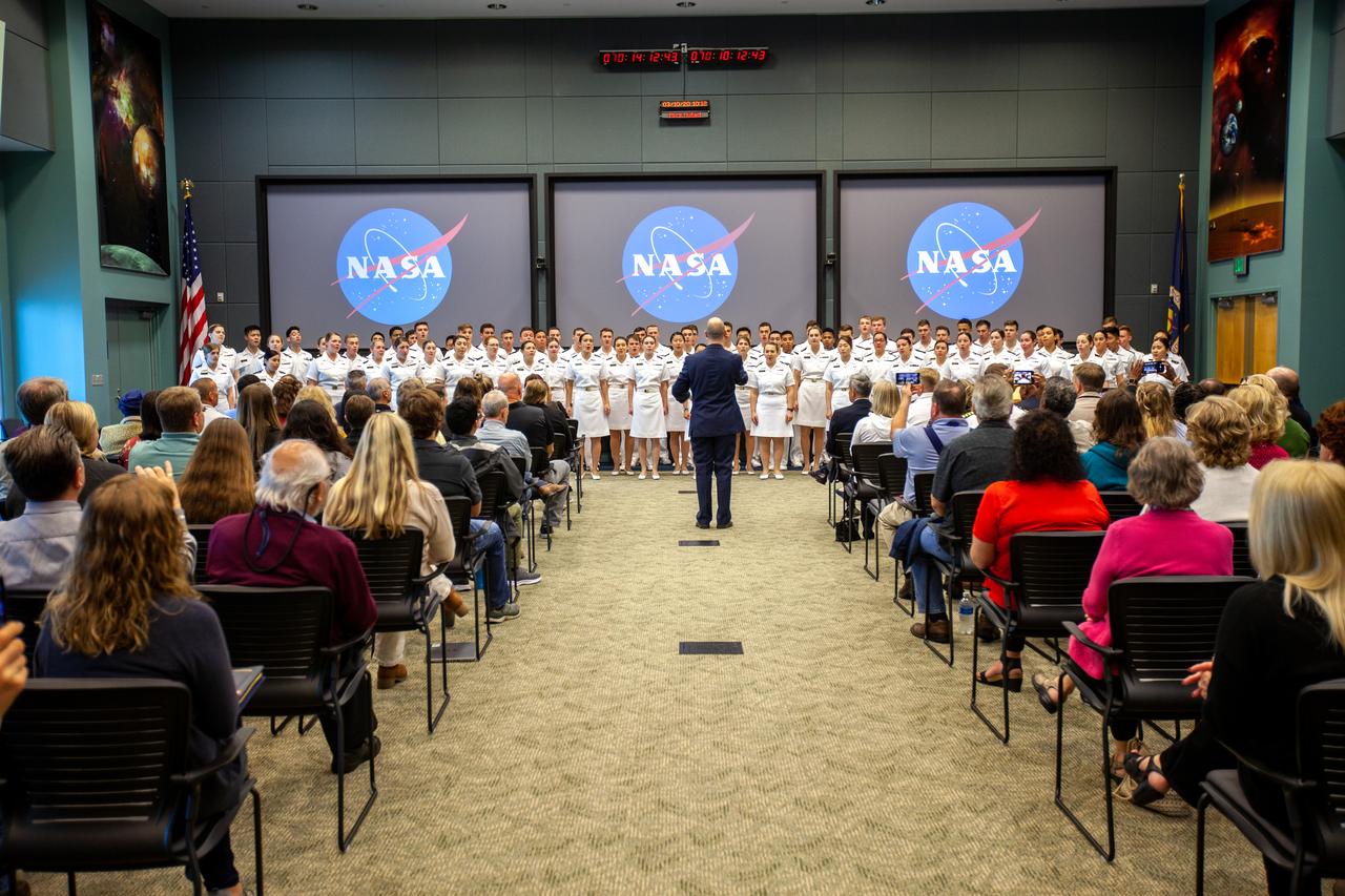 The United States Naval Academy Glee Club performs for Kennedy Space Center employees at the Florida spaceport on March 10, 2020. As part of the celebration, Kennedy Director Bob Cabana discussed the deep historical ties between NASA and the U.S. Navy. The highly acclaimed Glee Club has achieved prominence as one of America’s premier choral ensembles, performing throughout the nation each year.
