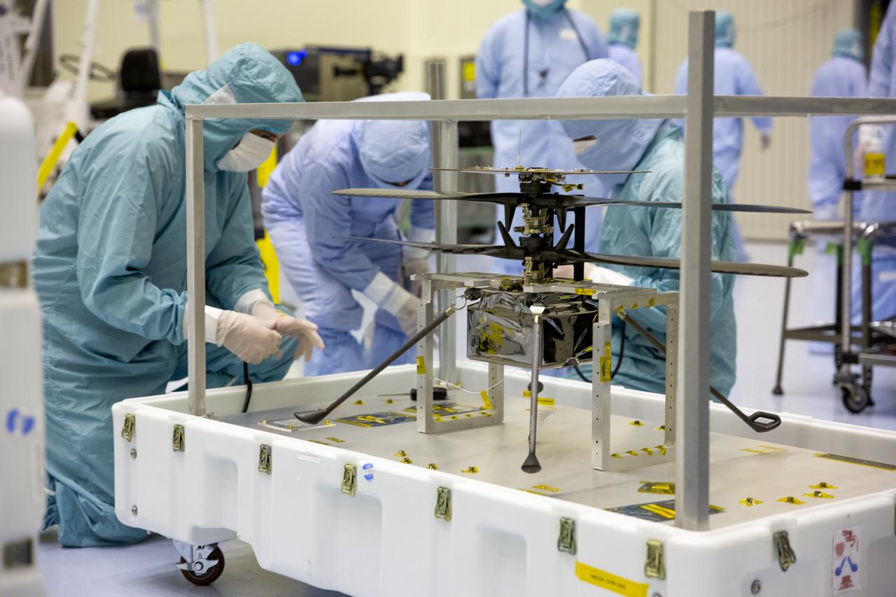 Functional testing of NASA’s Mars Helicopter and its cruise stage occurred in the airlock inside Kennedy Space Center’s Payload Hazardous Servicing Facility on March 10, 2020. The helicopter was tested on a stand while the cruise stage was tested on the rotation fixture. The helicopter will be attached to the Mars Perseverance rover during its mission, which is part of NASA's Mars Exploration Program. Perseverance will land on the Red Planet on Feb. 18, 2021. Liftoff aboard a United Launch Alliance Atlas V 541 rocket is targeted for mid-July from Cape Canaveral Air Force Station. NASA’s Launch Services Program based at Kennedy is managing the launch.