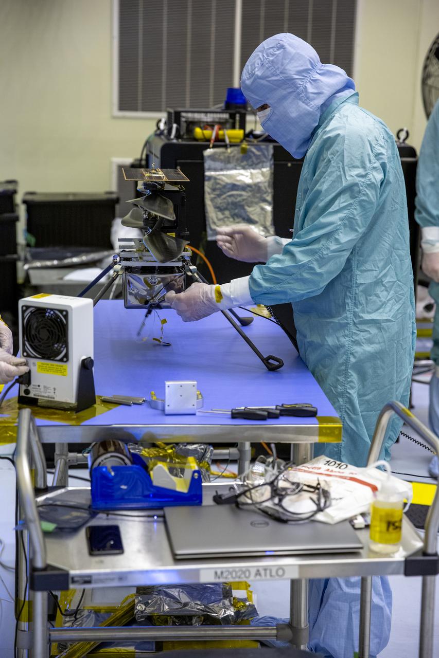 Functional testing of NASA’s Mars Helicopter and its cruise stage occurred in the airlock inside Kennedy Space Center’s Payload Hazardous Servicing Facility on March 10, 2020. The helicopter was tested on a stand while the cruise stage was tested on the rotation fixture. The helicopter will be attached to the Mars Perseverance rover during its mission, which is part of NASA's Mars Exploration Program. Perseverance will land on the Red Planet on Feb. 18, 2021. Liftoff aboard a United Launch Alliance Atlas V 541 rocket is targeted for mid-July from Cape Canaveral Air Force Station. NASA’s Launch Services Program based at Kennedy is managing the launch.