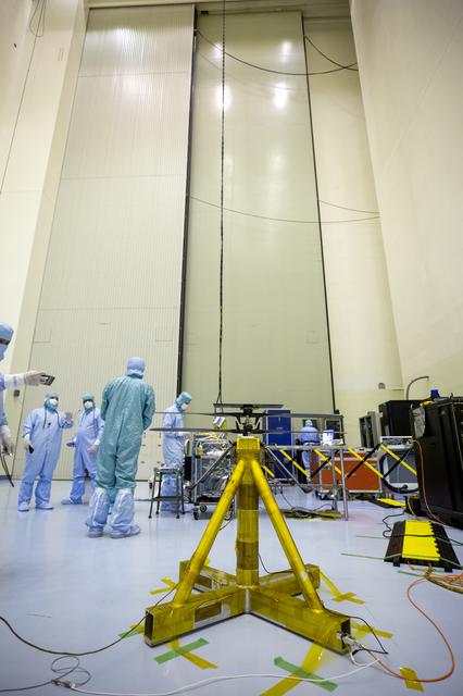 NASA image: Mars Cruise Stage on Rotation Fixture and Helicopter Functional 