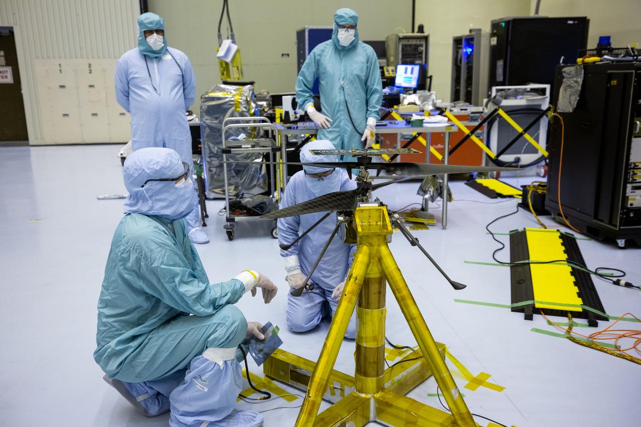 Functional testing of NASA’s Mars Helicopter and its cruise stage occurred in the airlock inside Kennedy Space Center’s Payload Hazardous Servicing Facility on March 10, 2020. The helicopter was tested on a stand while the cruise stage was tested on the rotation fixture. The helicopter will be attached to the Mars Perseverance rover during its mission, which is part of NASA's Mars Exploration Program. Perseverance will land on the Red Planet on Feb. 18, 2021. Liftoff aboard a United Launch Alliance Atlas V 541 rocket is targeted for mid-July from Cape Canaveral Air Force Station. NASA’s Launch Services Program based at Kennedy is managing the launch.