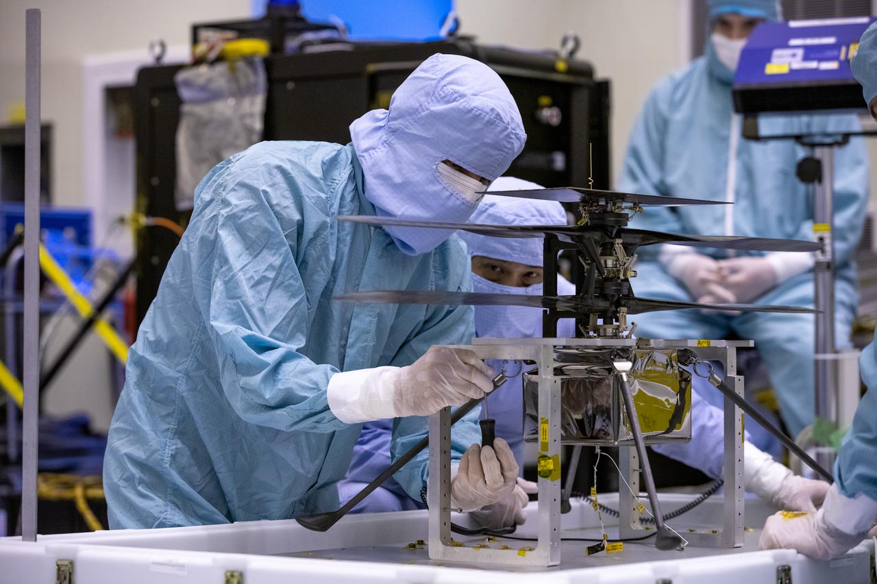 Functional testing of NASA’s Mars Helicopter and its cruise stage occurred in the airlock inside Kennedy Space Center’s Payload Hazardous Servicing Facility on March 10, 2020. The helicopter was tested on a stand while the cruise stage was tested on the rotation fixture. The helicopter will be attached to the Mars Perseverance rover during its mission, which is part of NASA's Mars Exploration Program. Perseverance will land on the Red Planet on Feb. 18, 2021. Liftoff aboard a United Launch Alliance Atlas V 541 rocket is targeted for mid-July from Cape Canaveral Air Force Station. NASA’s Launch Services Program based at Kennedy is managing the launch.