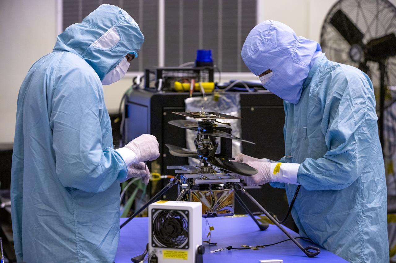 Functional testing of NASA’s Mars Helicopter and its cruise stage occurred in the airlock inside Kennedy Space Center’s Payload Hazardous Servicing Facility on March 10, 2020. The helicopter was tested on a stand while the cruise stage was tested on the rotation fixture. The helicopter will be attached to the Mars Perseverance rover during its mission, which is part of NASA's Mars Exploration Program. Perseverance will land on the Red Planet on Feb. 18, 2021. Liftoff aboard a United Launch Alliance Atlas V 541 rocket is targeted for mid-July from Cape Canaveral Air Force Station. NASA’s Launch Services Program based at Kennedy is managing the launch.