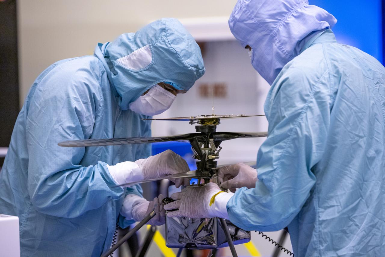 Functional testing of NASA’s Mars Helicopter and its cruise stage occurred in the airlock inside Kennedy Space Center’s Payload Hazardous Servicing Facility on March 10, 2020. The helicopter was tested on a stand while the cruise stage was tested on the rotation fixture. The helicopter will be attached to the Mars Perseverance rover during its mission, which is part of NASA's Mars Exploration Program. Perseverance will land on the Red Planet on Feb. 18, 2021. Liftoff aboard a United Launch Alliance Atlas V 541 rocket is targeted for mid-July from Cape Canaveral Air Force Station. NASA’s Launch Services Program based at Kennedy is managing the launch.