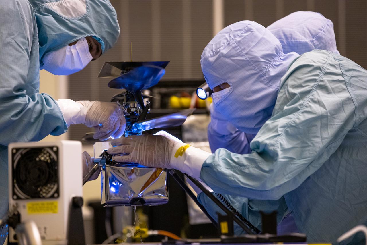 Functional testing of NASA’s Mars Helicopter and its cruise stage occurred in the airlock inside Kennedy Space Center’s Payload Hazardous Servicing Facility on March 10, 2020. The helicopter was tested on a stand while the cruise stage was tested on the rotation fixture. The helicopter will be attached to the Mars Perseverance rover during its mission, which is part of NASA's Mars Exploration Program. Perseverance will land on the Red Planet on Feb. 18, 2021. Liftoff aboard a United Launch Alliance Atlas V 541 rocket is targeted for mid-July from Cape Canaveral Air Force Station. NASA’s Launch Services Program based at Kennedy is managing the launch.
